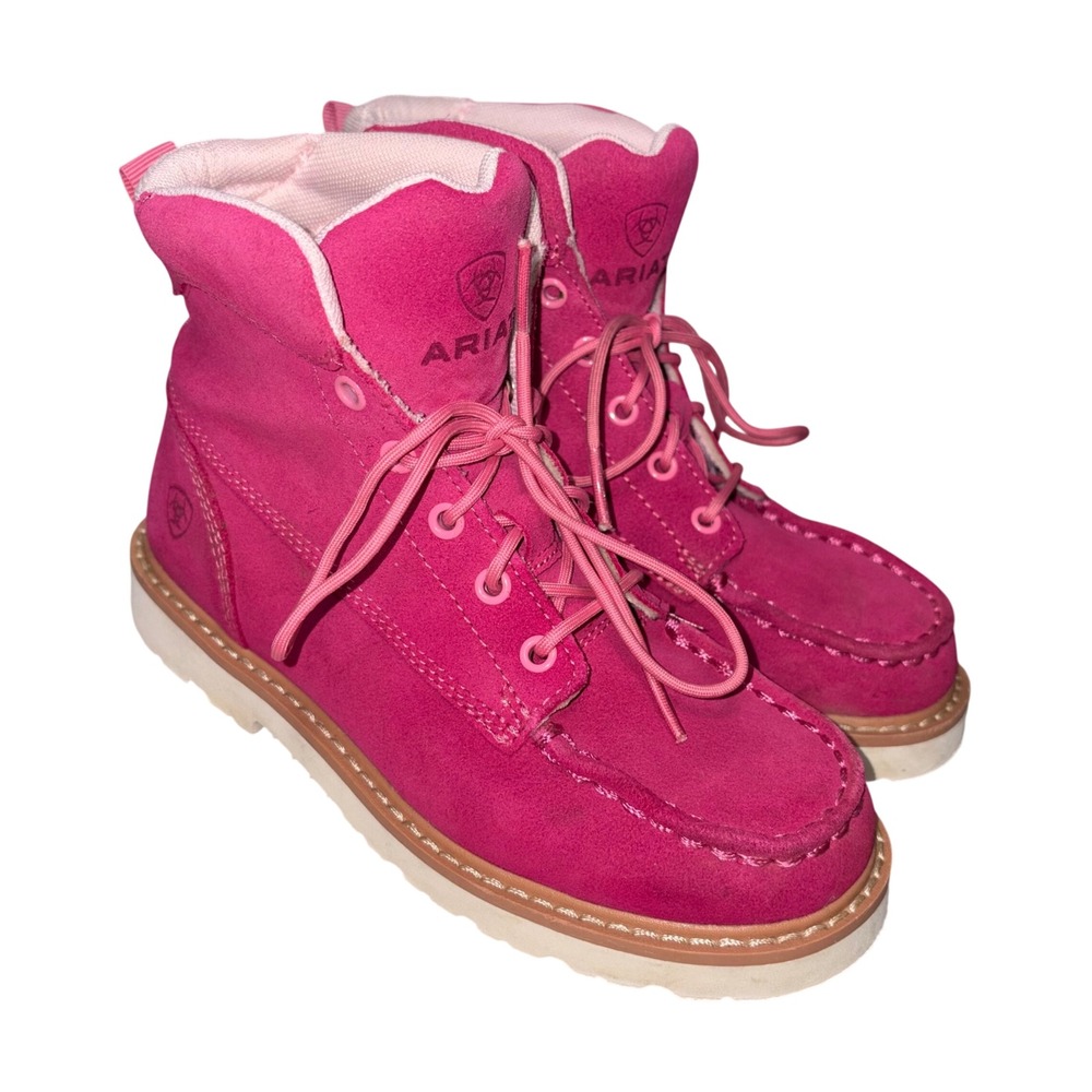 Ariat Kids Pink Suede Moc Toe Lace Up Boots Wiggle Room Girl Size 1 US Barbie